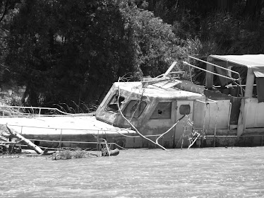 Mientras paseaba en barco por el rio Guadalquivir ví como habian abandonado este barco.