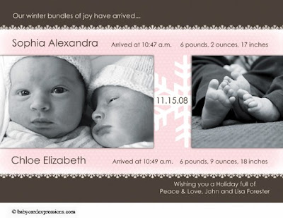 Twin Winter Christmas Photo Birth Announcements for Girl