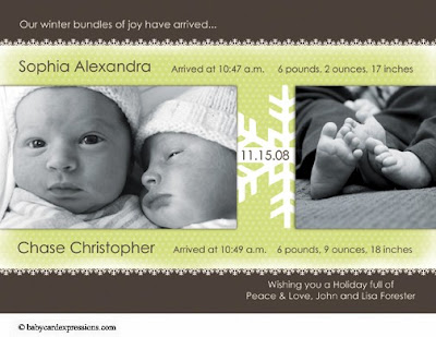 Twin Winter Christmas Photo Birth Announcements for Girl and Boy