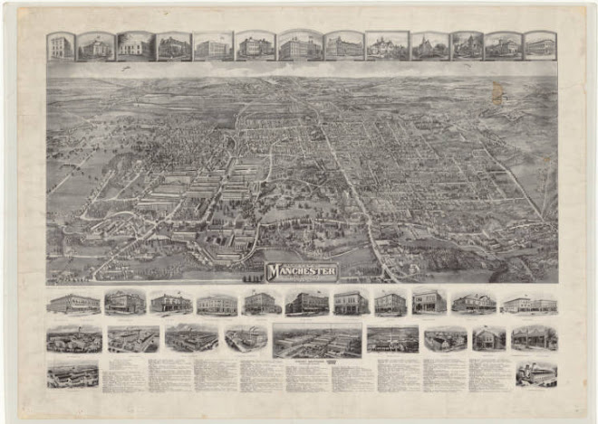 1914 map of Manchester showing the Cheney factories in the center