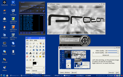 pclinuxos 2008 minime displaying mplayer, audacious, gimp and recordmydesktop