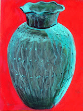 Green vase on red