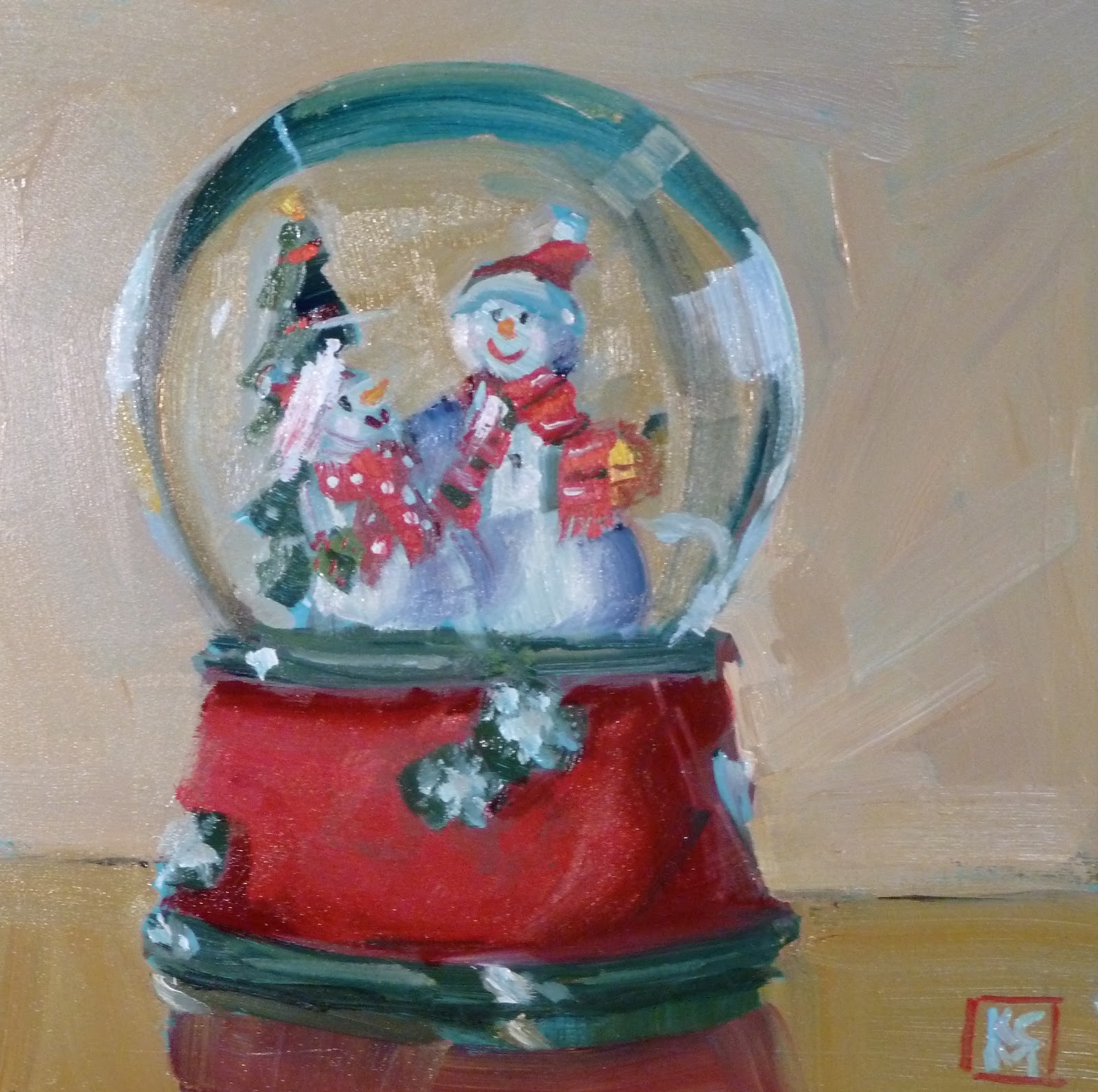 Kelley MacDonald's Paintings Snowmen Snowglobe, 6x6 Inch Original Oil