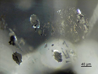 Disc-shaped tension halos, probably around sulfide crystals, as inclusions in one of the diamond