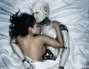 A woman lying with a robot