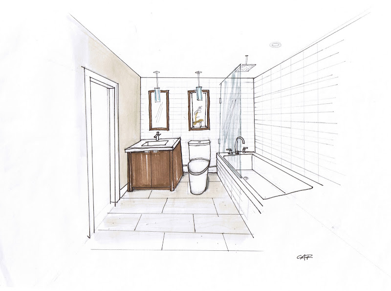 Guest Bathroom design and rendering by Carol Reed Interior Design. title=