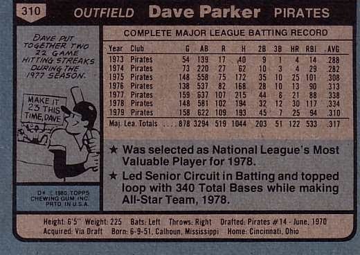 1980 Topps Baseball: #310 Dave Parker