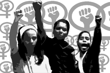 Feminist Revolution Black Power fist superimposed over the symbol of Venus