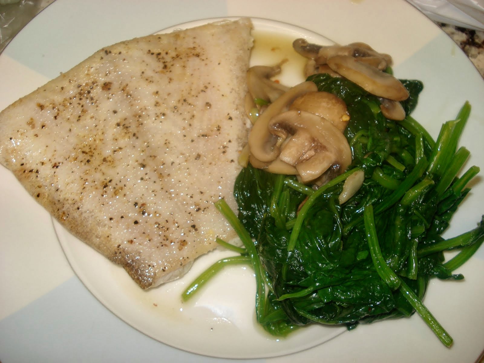 YourVicariousExperience Braised Halibut with Spinach and Mushrooms