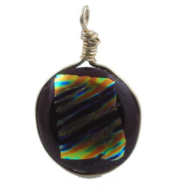 cranberry fused dichroic glass pendant with 14k GF wire wrapping