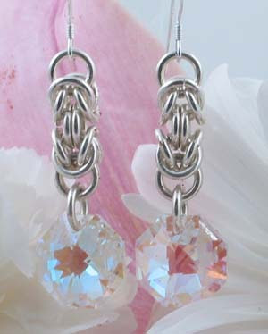 chainmaille earrings with clear faceted crystal