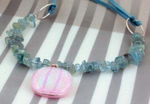pink fused glass and aquamarine chip necklace