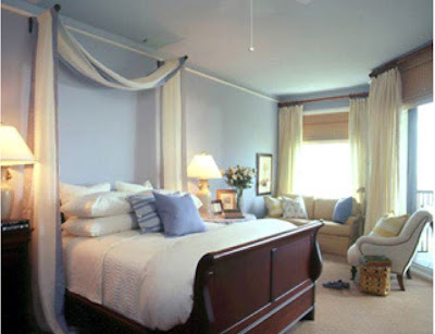 Wood  Designs on Sample Bedroom With Canopy  Double Wood Bed Armchair  Beige Carpet And