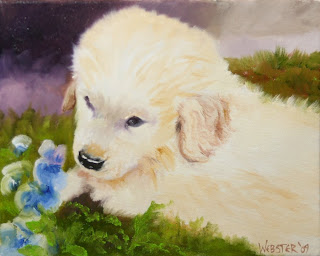 Golden Retriever Puppy with Flowers - Daily Painting Blog - Original Oil and Acrylic Artwork by Artist Mark Webster