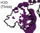 Ofcom's map of 3G coverage in Northern Ireland at the end of 2008 - H3G (Three)
