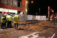 Working on the Cromac Street road collapse - photo from Colin Parte / @Herrbenz