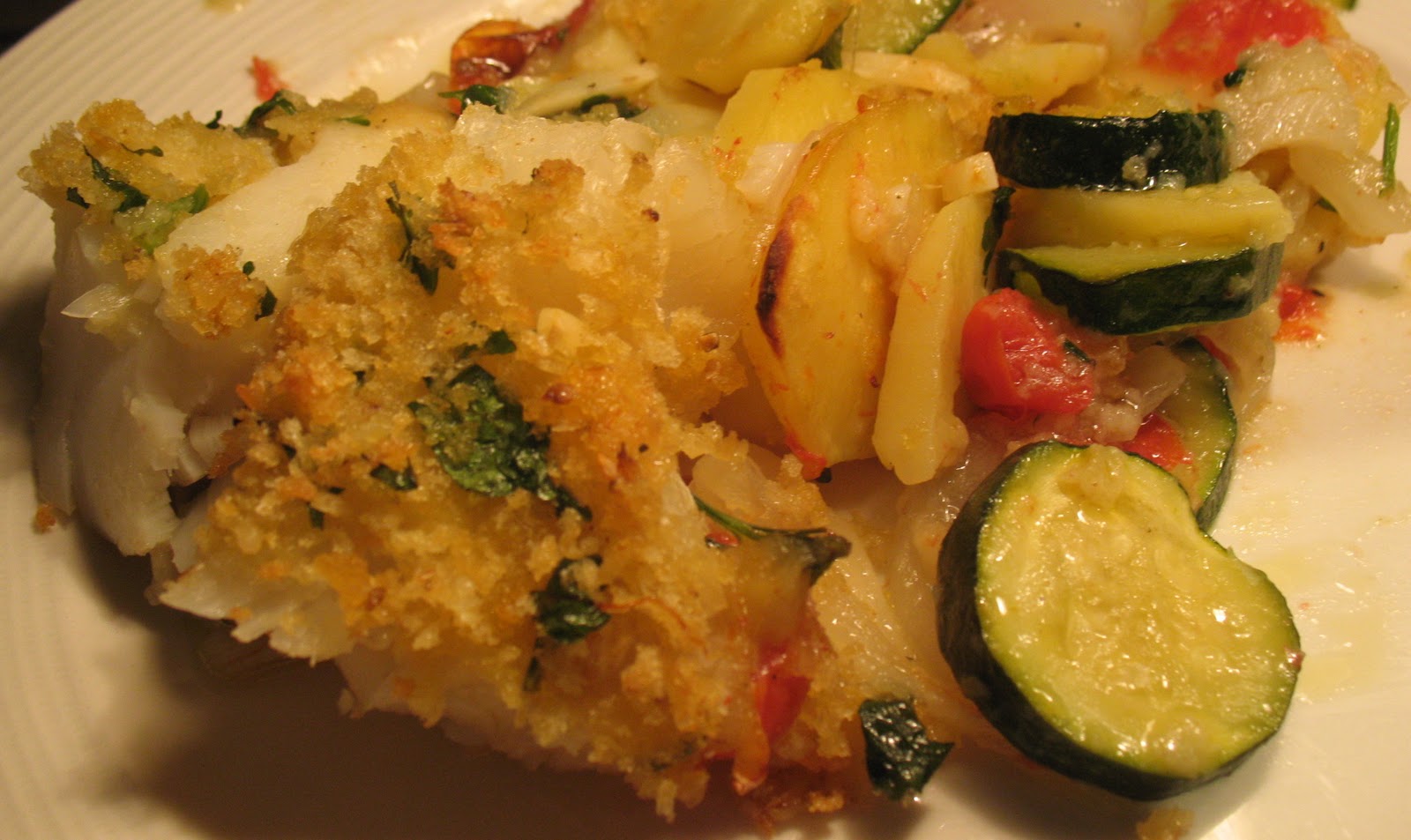 Anna's Table Cod, Zucchini, Tomatoes, and Potato with Crispy PankoTopping