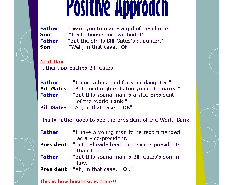 positive approach to life The positive approach become more clear about your own identity, what you want in life - your life vision - and how to manifest your full potential and then move on to the free new life course to advance in many further ways. positive approach to life The positive approach become more clear about your own identity, what you want in life - your life vision - and how to manifest your full potential and then move on to the free new life course to advance in many further ways.