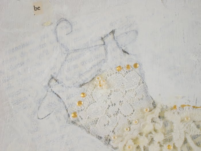 Babi Sugarman mixed media wedding dress wood acrylic art painting fabric collage