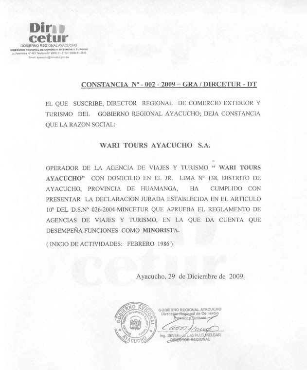 DIR CETUR: Constancia a WARI TOURS