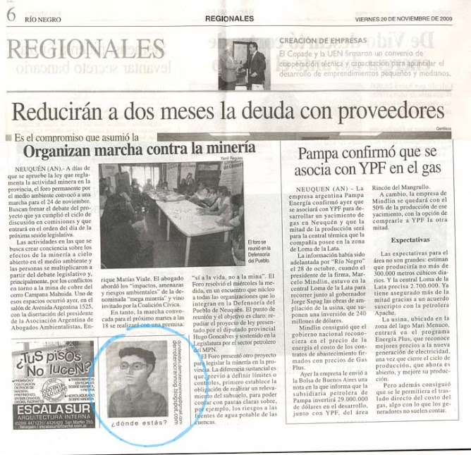 Recorte del Diario Río Negro, Viernes 20 de noviembre 2009