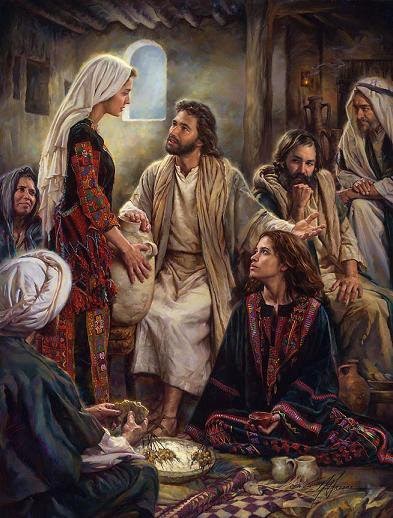 Marta sirviendo y María escuchando a Jesús en Betania