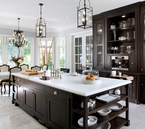 striking dark brown and white kitchen