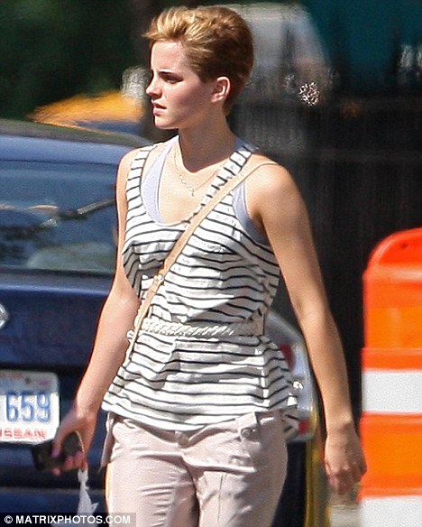 Drastic new look: Emma Watson showed off her new 'do while out in New York 