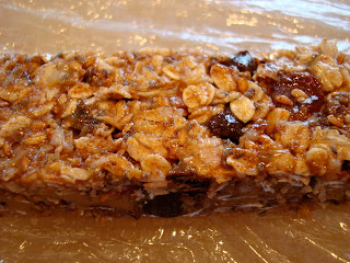 One No Bake Peanut Butter Chocolate Chip Energy Bar on plastic wrap