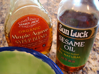 Maple Agave Syrup blend and sesame oil bottles
