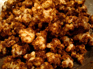 Overhead close up of Chocolate Coconut Oil Protein Popcorn