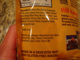 Ingredients list on one package of granola