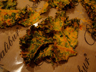 Close up of Kale Chips on dehydrator tray