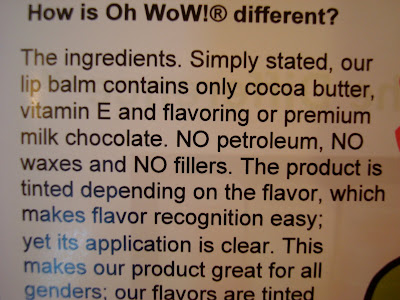 Back of Oh Wow Vegan Friendly Lip Balm package