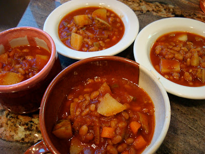 Four bowls of Hearty Vegan Southwestern Sweet & Spicy Soup