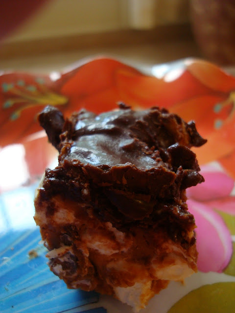 Close up GF Peanut Butter Marshmallow Bars with Vegan Chocolate Frosting on plate
