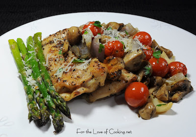 Roasted Chicken Thighs with Tomatoes, Garlic, Asparagus, and Mushrooms