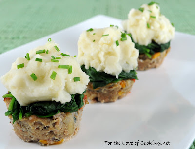 Turkey Meatloaf Muffins topped with Spinach and Roasted Garlic Mashed Potatoes