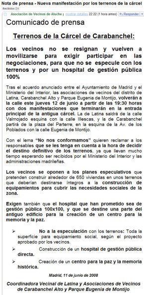 Nota de Prensa de la Asociación de Vecinos de Aluche