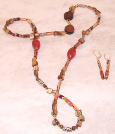 Swarovski, shell and wood beads necklace and earrings
