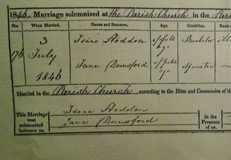 A Section of the Marriage Certificate for Jane Dunsford and Isaac Stoddon A Section of the Marriage Certificate for Jane Dunsford and Isaac Stoddon