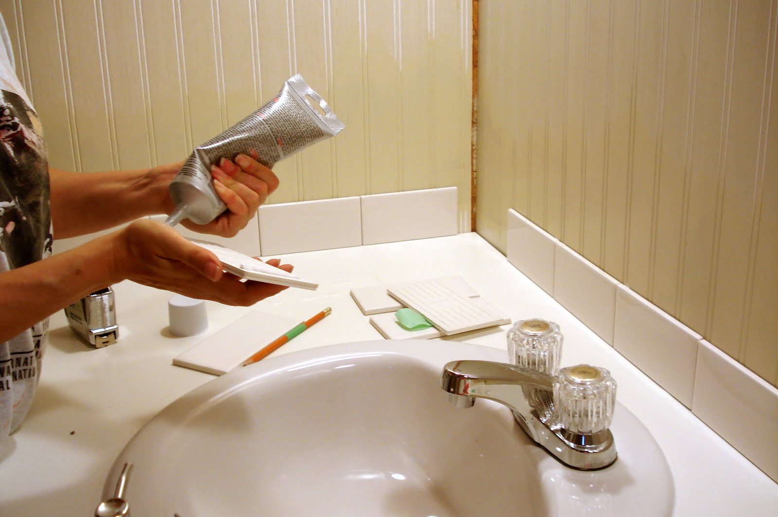 Bathroom vanities without tops Me installing tiles. Yes, I'm using nomorenails. Of all the
