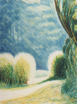 Circular Garden Poole Wood Grey Towers Nunthorpe painting in oil pastel by Ingrid Sylvestre North East artist Durham artists UK Circular Garden Poole Wood Grey Towers Nunthorpe painting in oil pastel by Ingrid Sylvestre North East artist Durham artists UK