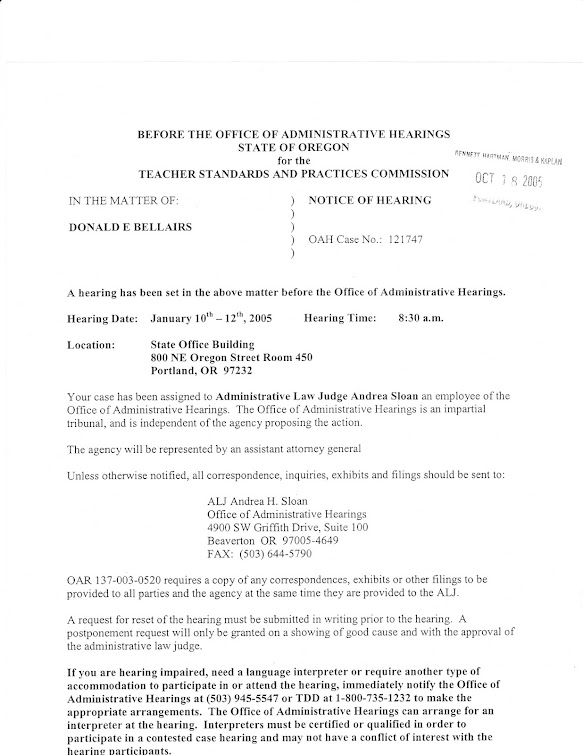 January 2005 announcement of first scheduled hearing for TSPC charges as provided for by OAR's