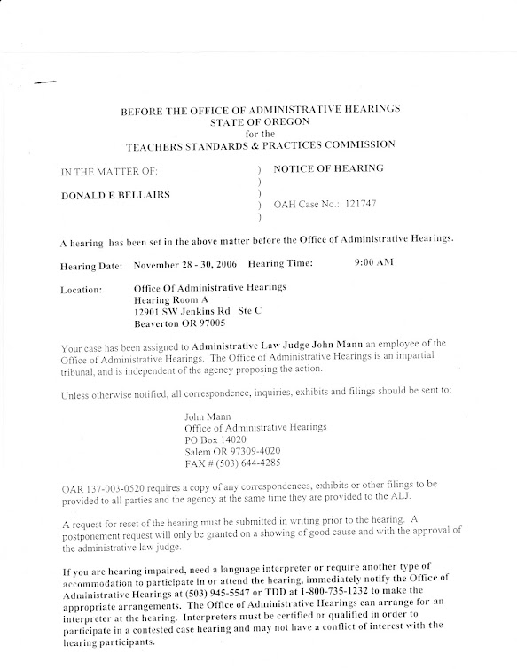 November 28 2006 OAH hearing with ALJ John Mann takes place in Beaverton