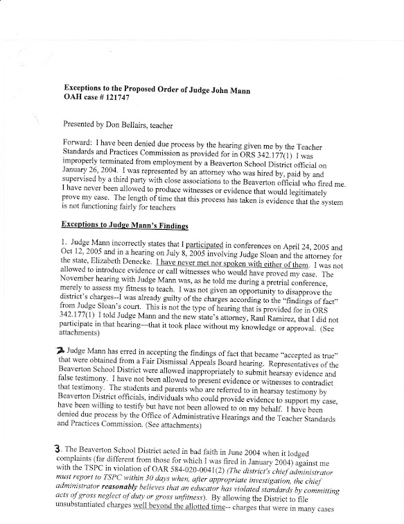Teacher writes "exceptions" to Judge Mann's findings, which recommend a reprimand