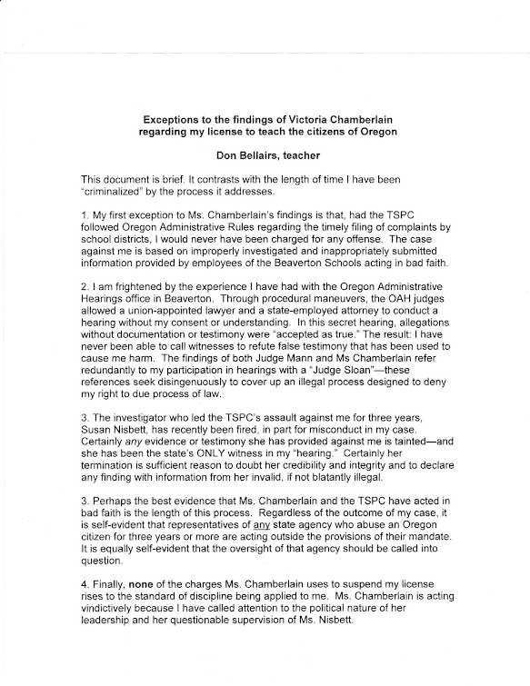 Teacher's exceptions to TSPC director Vickie Chamberlain's revised findings