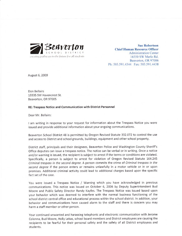 August 2009 letter with false accusations from Sue Robertson, BSD Hr director
