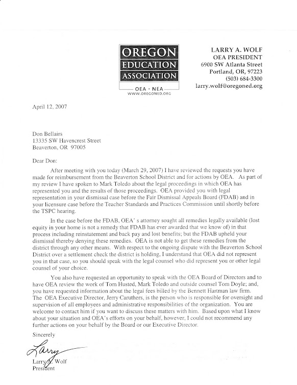 April 2007 letter from OEA president Larry Wolf