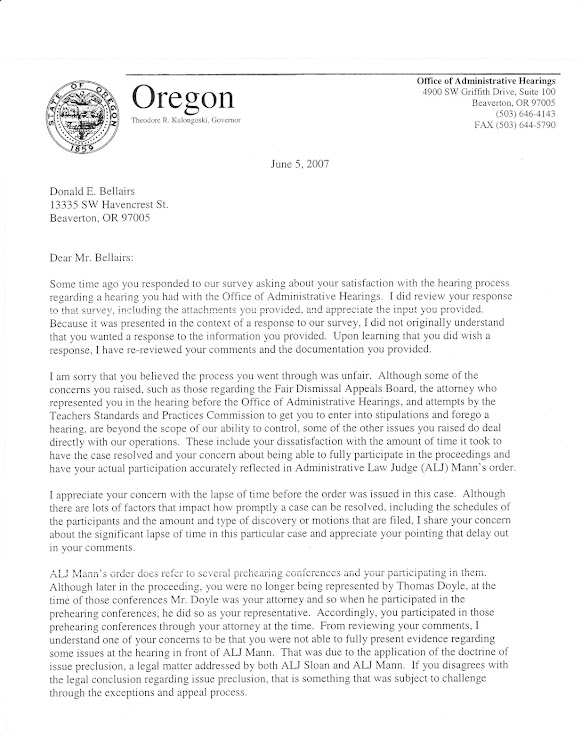 June 2007 letter from David Gerstenfeld, OAH presiding judge